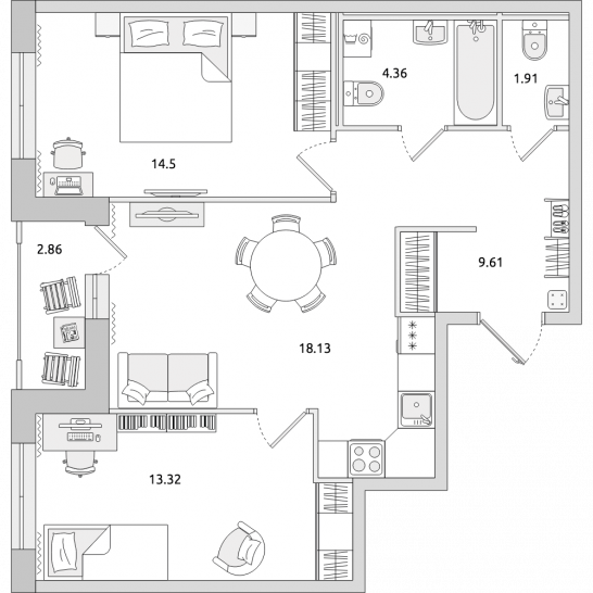 Двухкомнатная квартира 65 м²