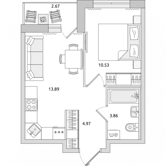 Однокомнатная квартира 36 м²