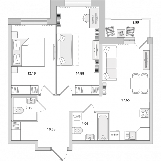 Двухкомнатная квартира 64 м²