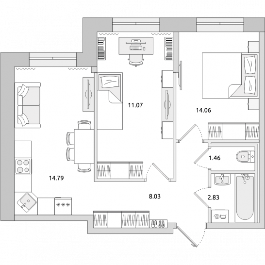 Двухкомнатная квартира 52 м²